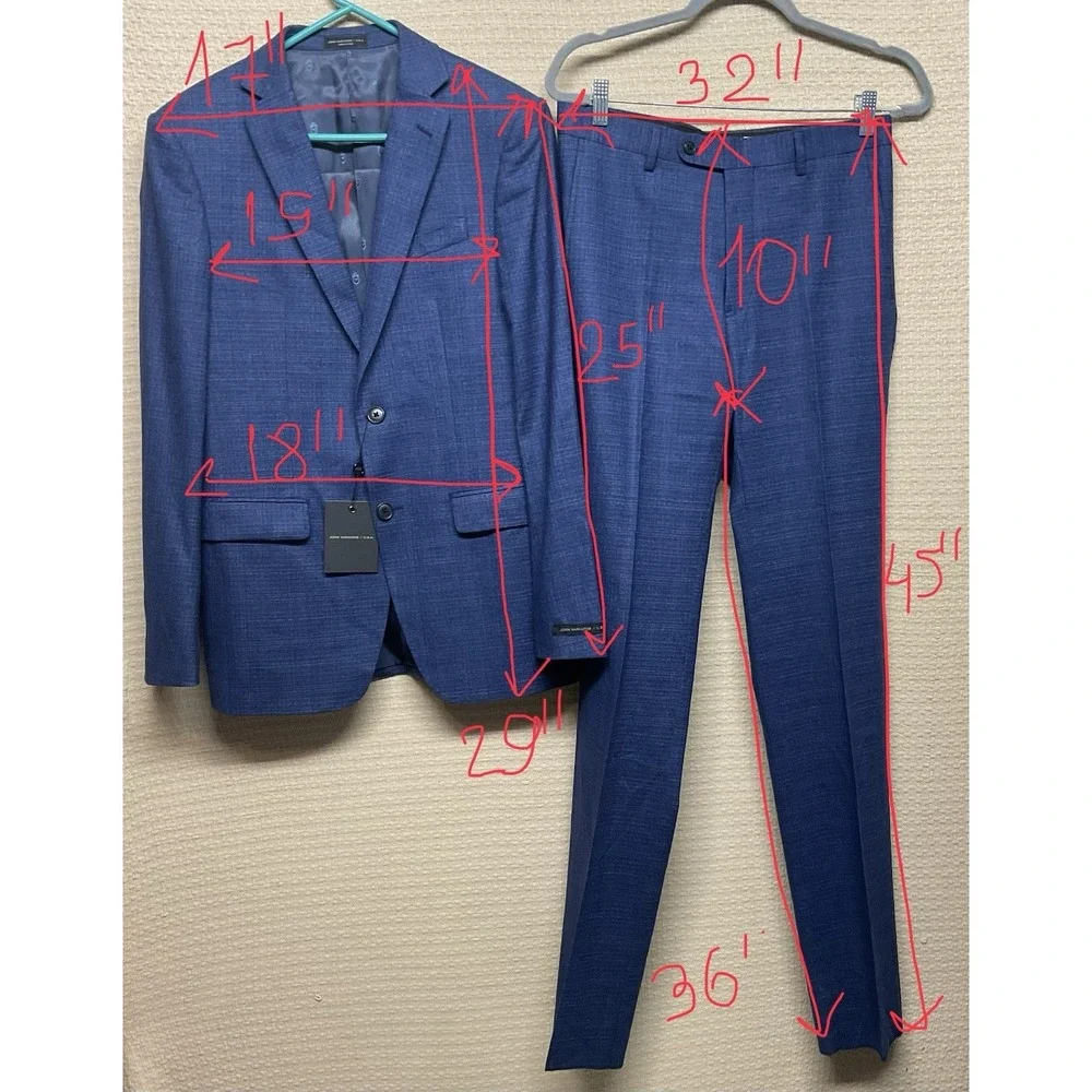 John Varvatos Men's Blue Wool Bedford Slim Fit 2PC Jacket Pants Suit Size 36R/30